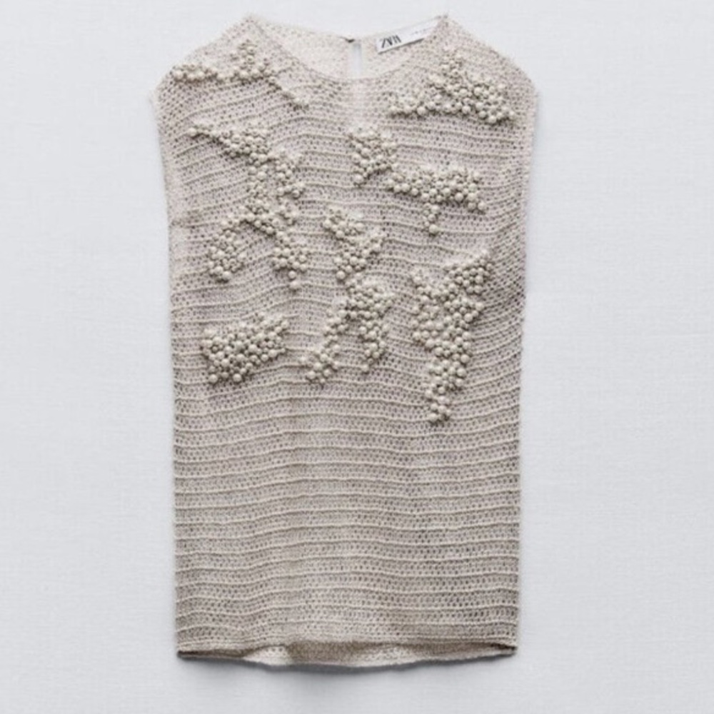ZARA Limited Edition Gray Pearl Rhinestone Embellished Knit Top - Picture 10 of 13